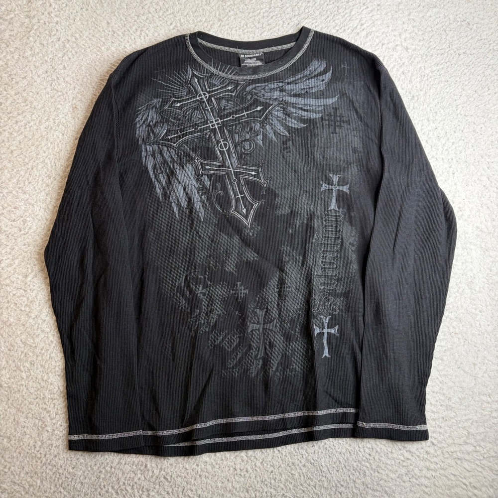 No Boundaries Mens XL Black Thermal Gothic Cross Wing Graphic Waffle Knit Shirt